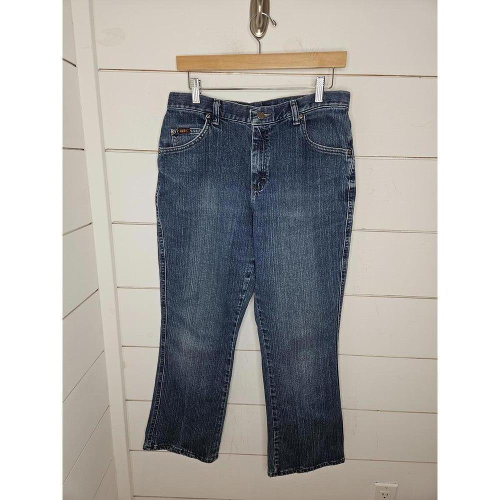 Lee size 12 blue distressed denim crop & subtle flare jeans.